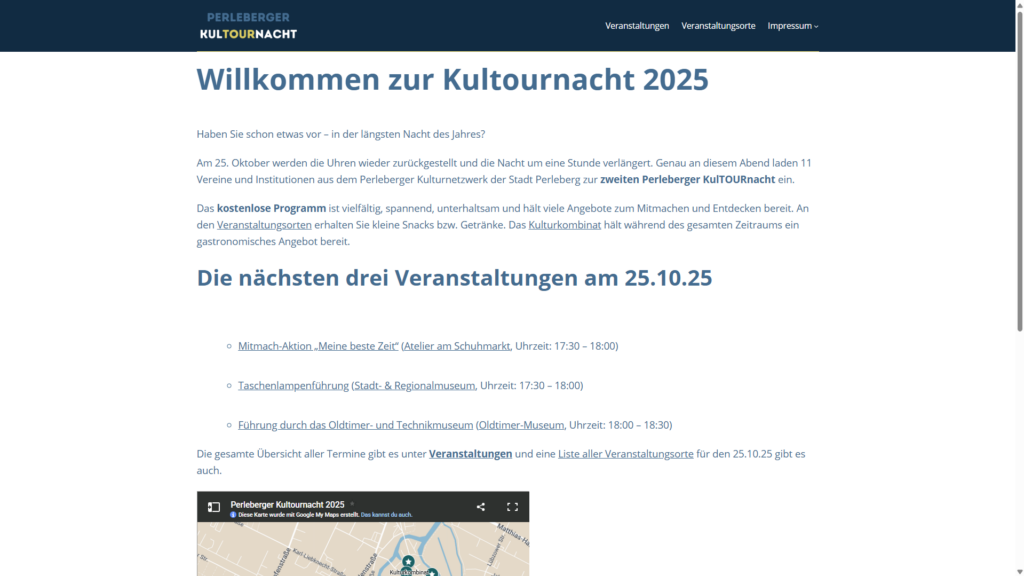 Screenshot der Website zur Perleberger Kultournacht