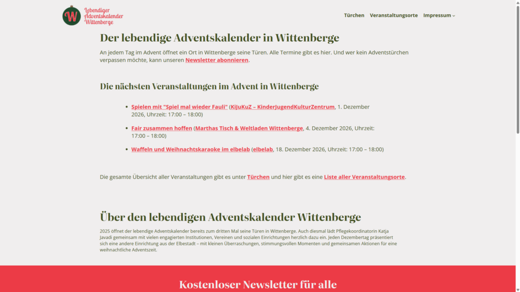 Screenshot der Website des lebendigen Adventskalenders Wittenberge